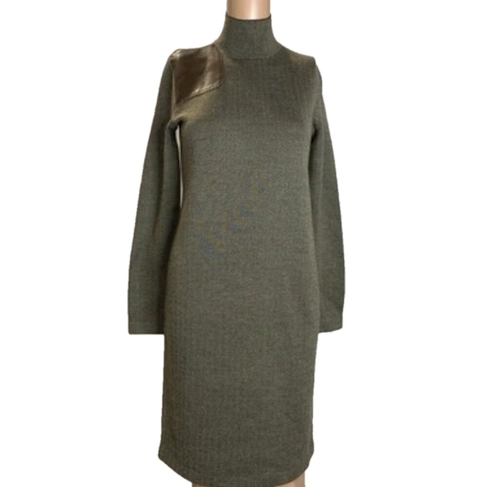 NEW RALPH LAUREN Womens Houndstooth Mini Sweater Dress Size S Green/Brown